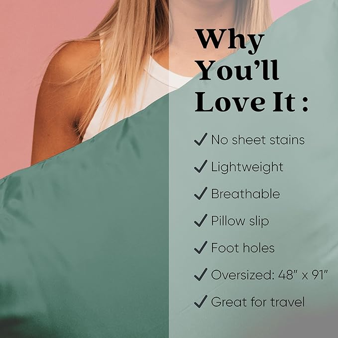 Teal blanket with text listing features on a pink background