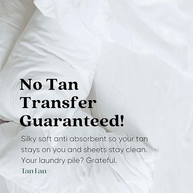 White sheets with text about no tan transfer guarantee and anti-absorbent properties.
