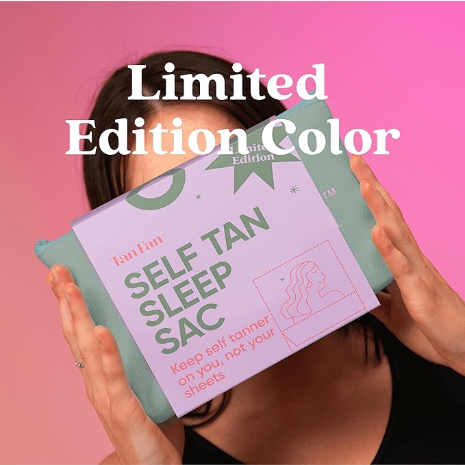 Person holding a 'Self Tan Sleep Sac' product with a pink background and text overlay.