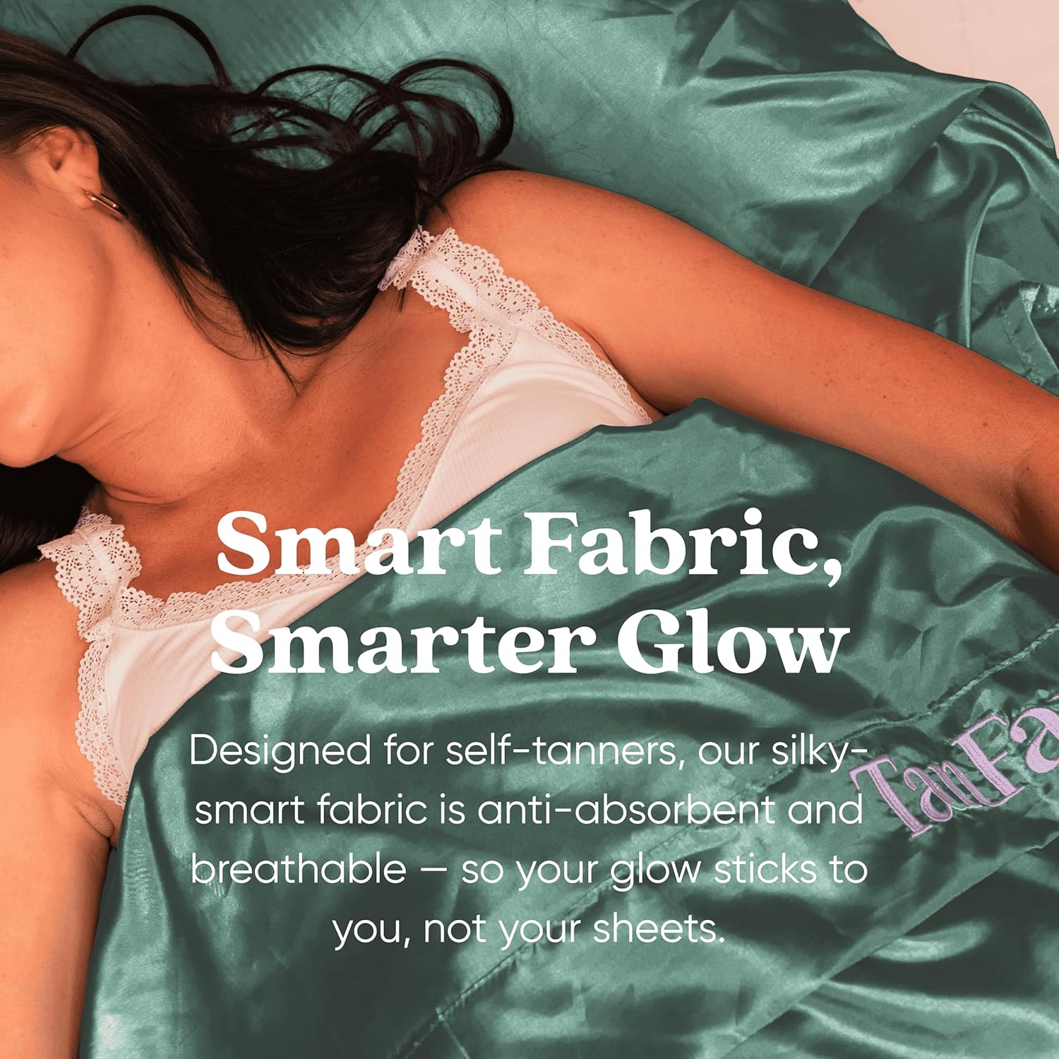 Woman lying on a green satin sheet with text about smart fabric and self-tanners.
